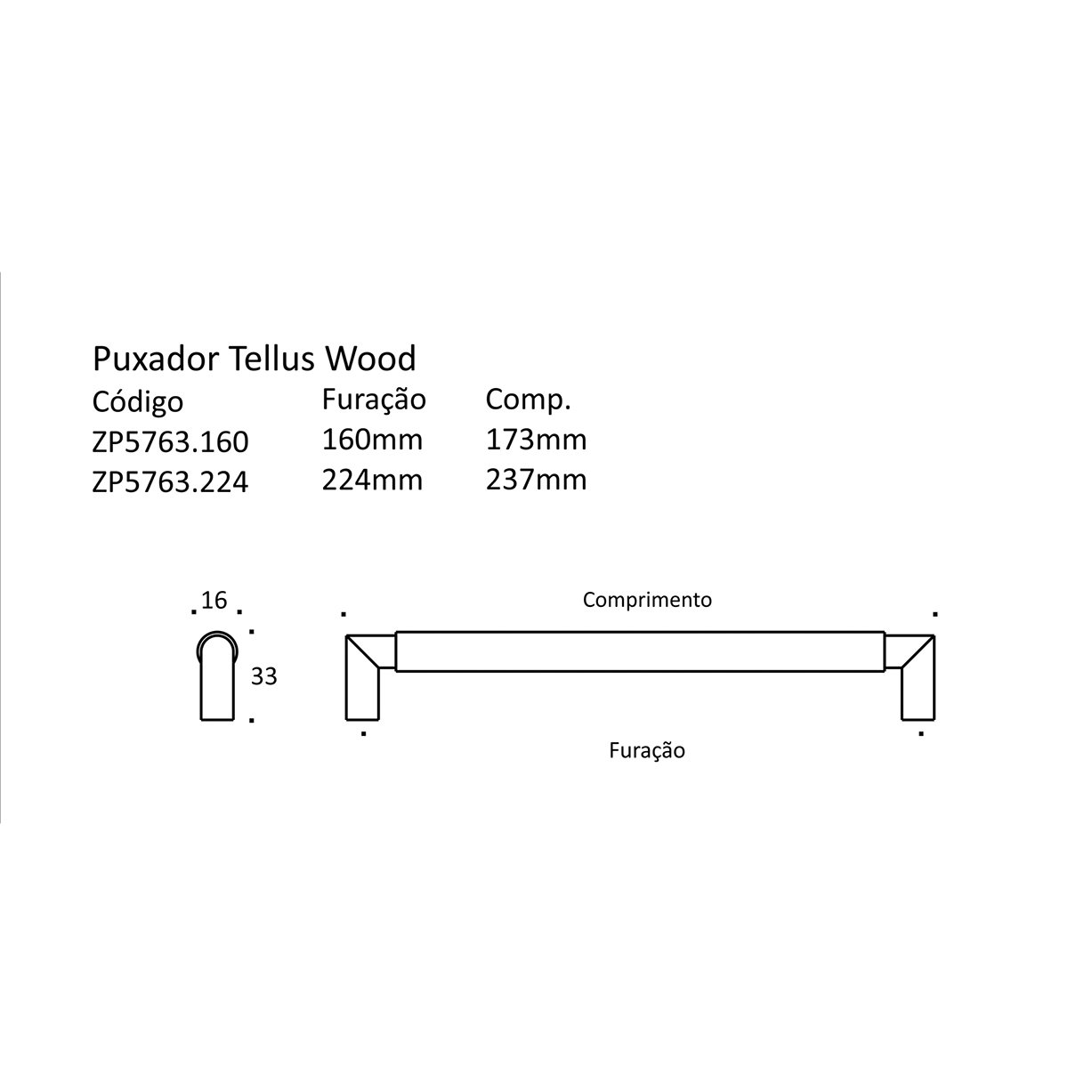 Puxador Alça Tellus Wood 160mm Branco ZP5763.160 - Zen Design 160MM