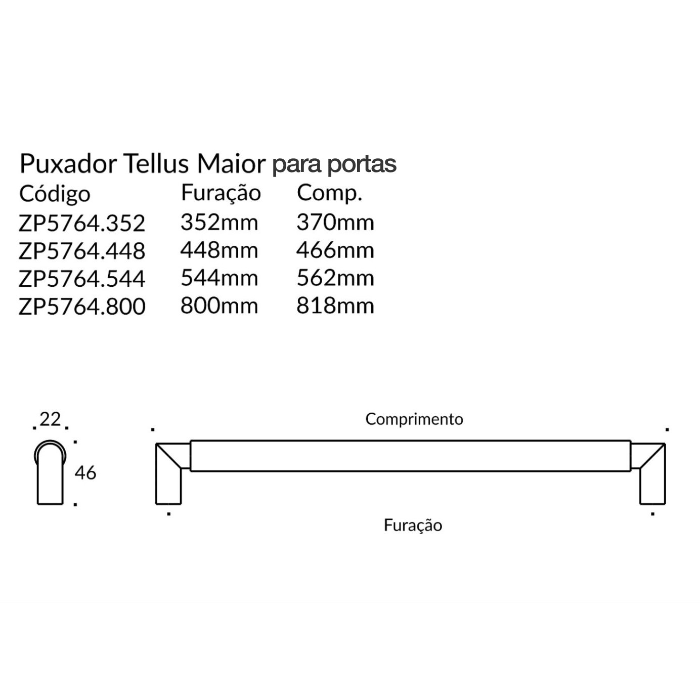Puxador Alça Tellus Maior Duplo 544MM ZP5764.544 Preto - Zen